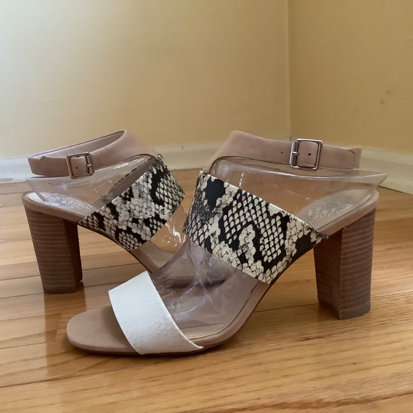 Vince Camuto Leather Snake Print Heeled Sandals- Warma  Tan Ivory Snake SZ 9.5 - Picture 2 of 14